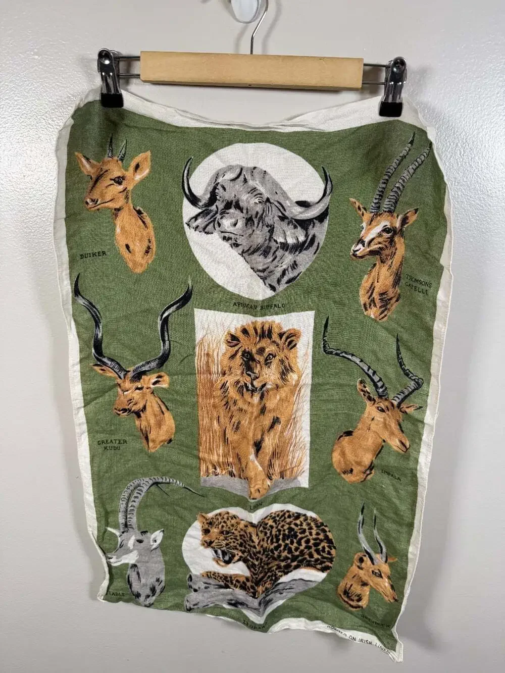 Vintage Irish Linen Tea Towel African Safari Wildlife Lion Leopard Buffalo